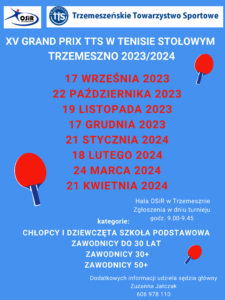 Read more about the article !!!UWAGA!!! Najbliższy turniej Grand Prix TTS Trzemeszno w tenisie stołowym z przyczyn od nas niezależnych został przełożony na 24 marca 2024 roku!
